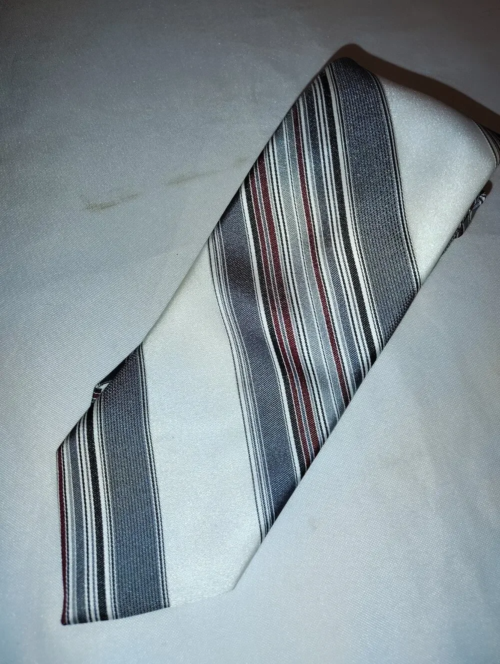 Vintage 1970s Polyester Count Barini Stripe Necktie Burgundy Black Gray White